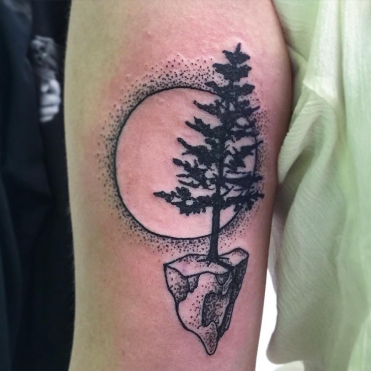 moon with pine tree tattoo