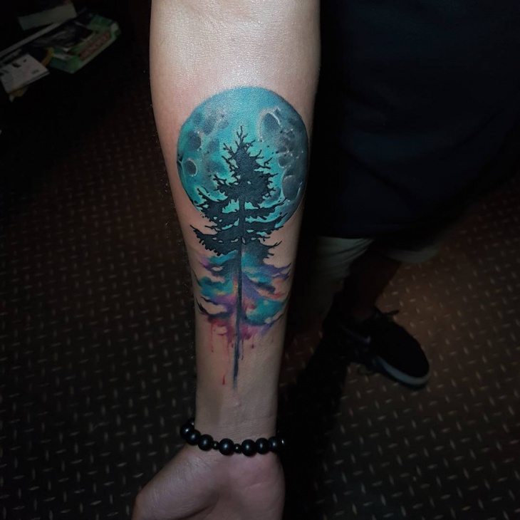 colorful pine tree tattoo