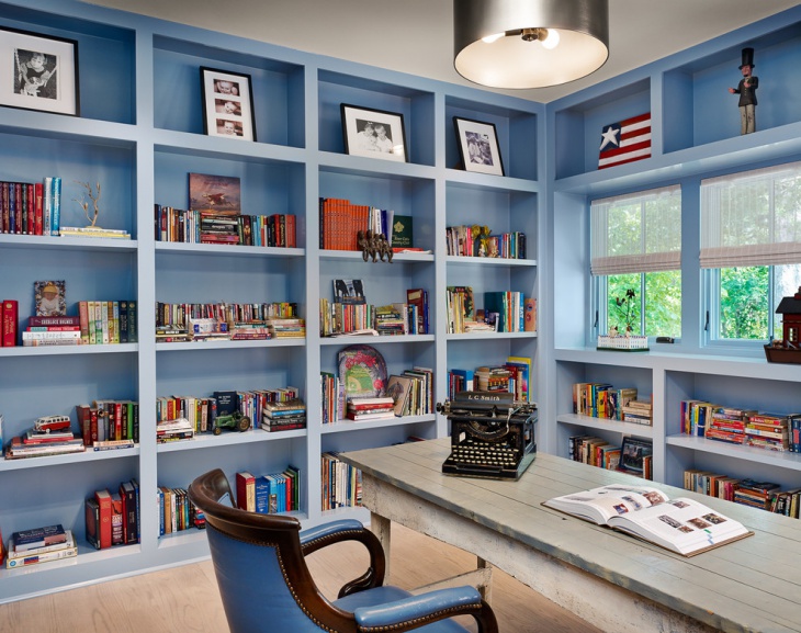 blue home office wall shelves