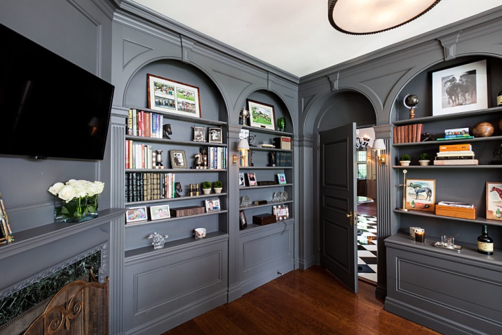 gray home office bookshelves