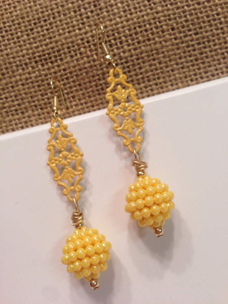 yellow beaded ball earrings
