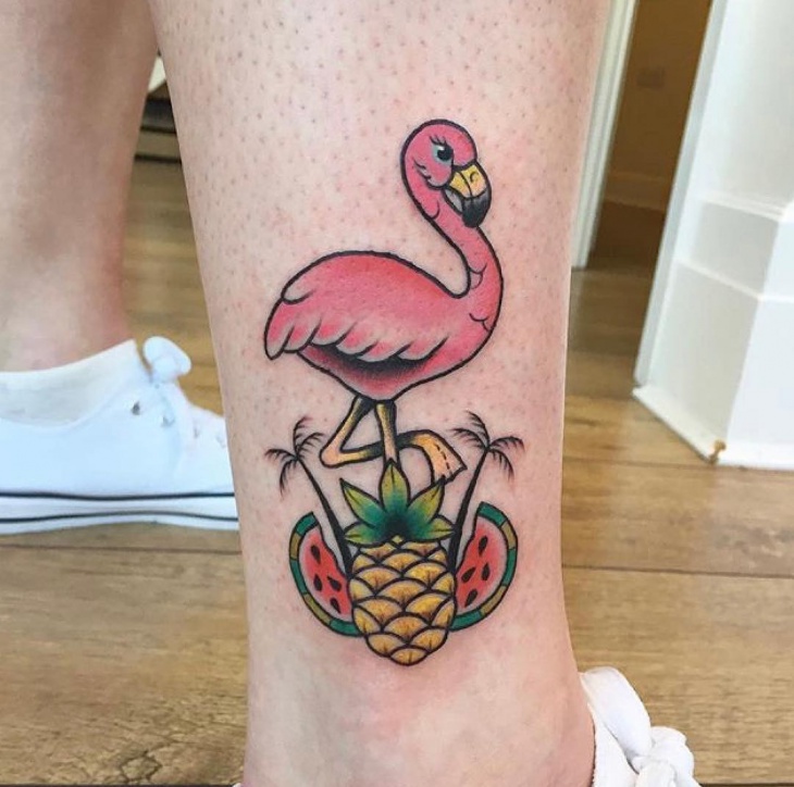 flamingo tattoo on leg