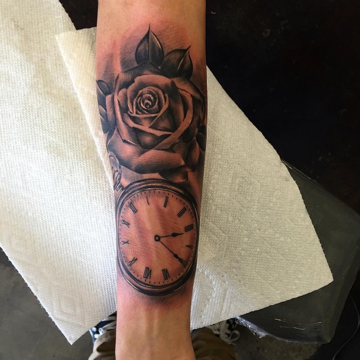 rose and pocket watch tattoo