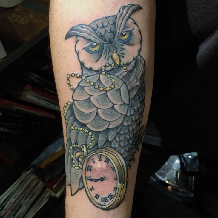 owl and pocket watch tattoo