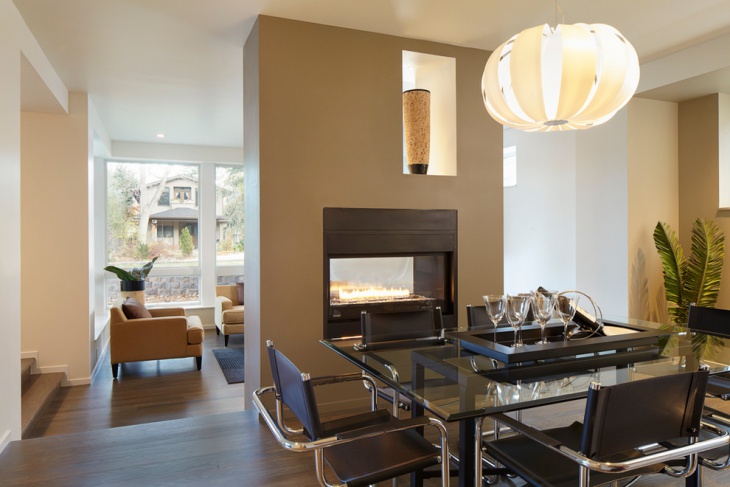 modern dining room fireplace idea