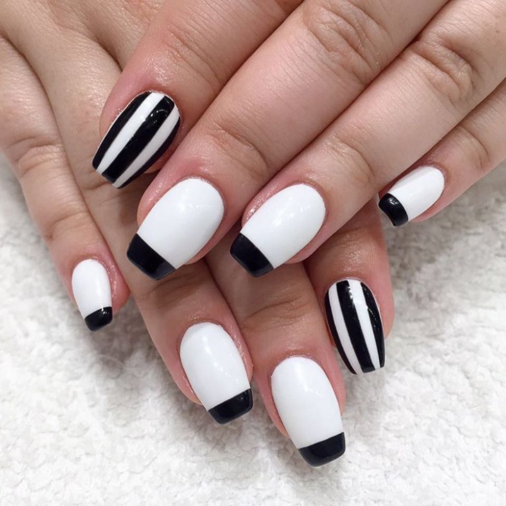 striped black and white nail design