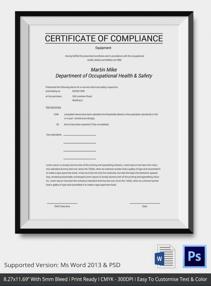 22 Certificate Of Compliance PSD Word AI InDesign Designs 