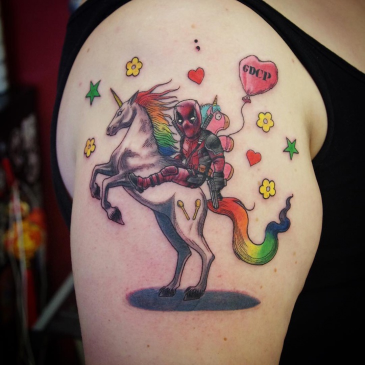 colorful deadpool tattoo idea