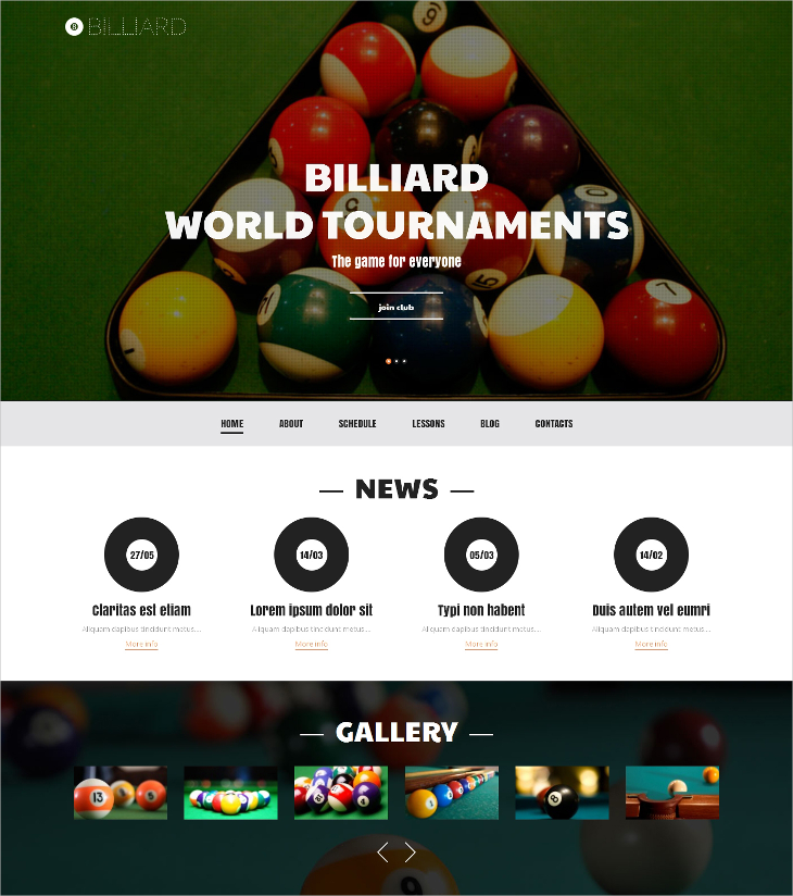 billiard club tournaments wordpress theme
