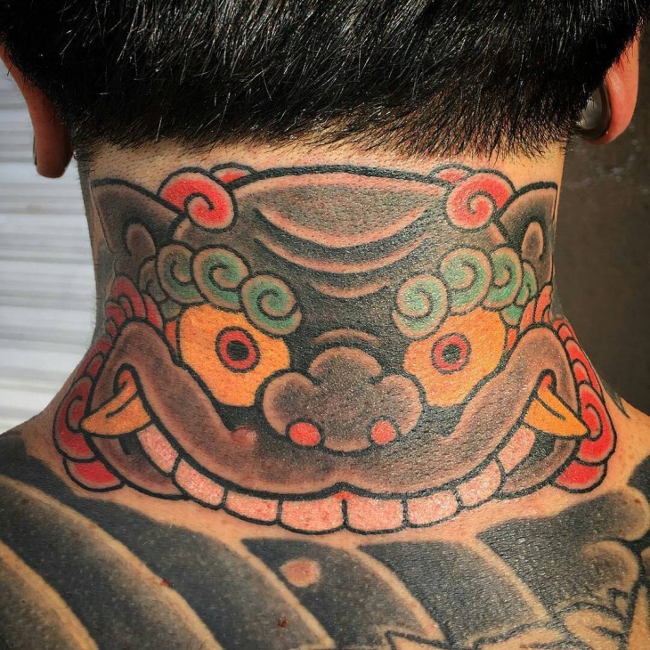 mens neck color tattoo design