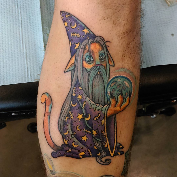 purple color cat wizard tattoo