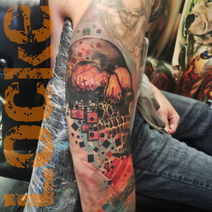 colorful graveyard hand tattoo
