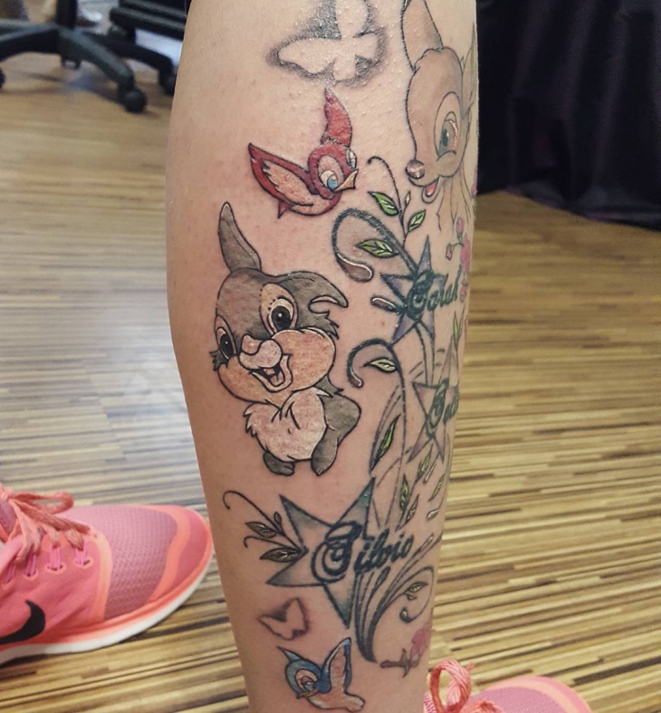 watercolor bambi tattoo on leg