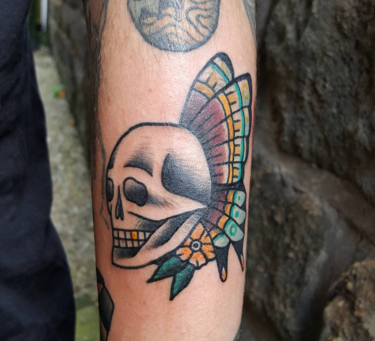 traditional skull with butterfly tattoo1