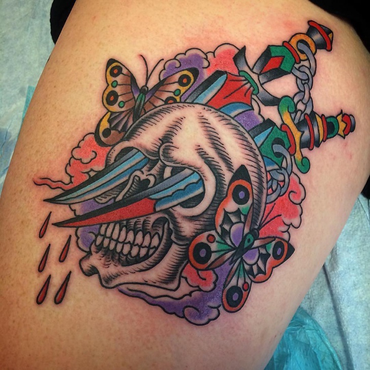 colorful bleeding skull tattoo