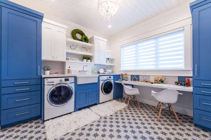 blue and white laundry room design
