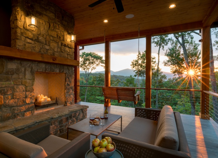 outdoor living room design with fireplace