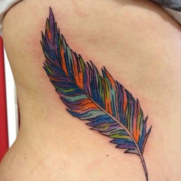 colorful feather tattoo for stomach