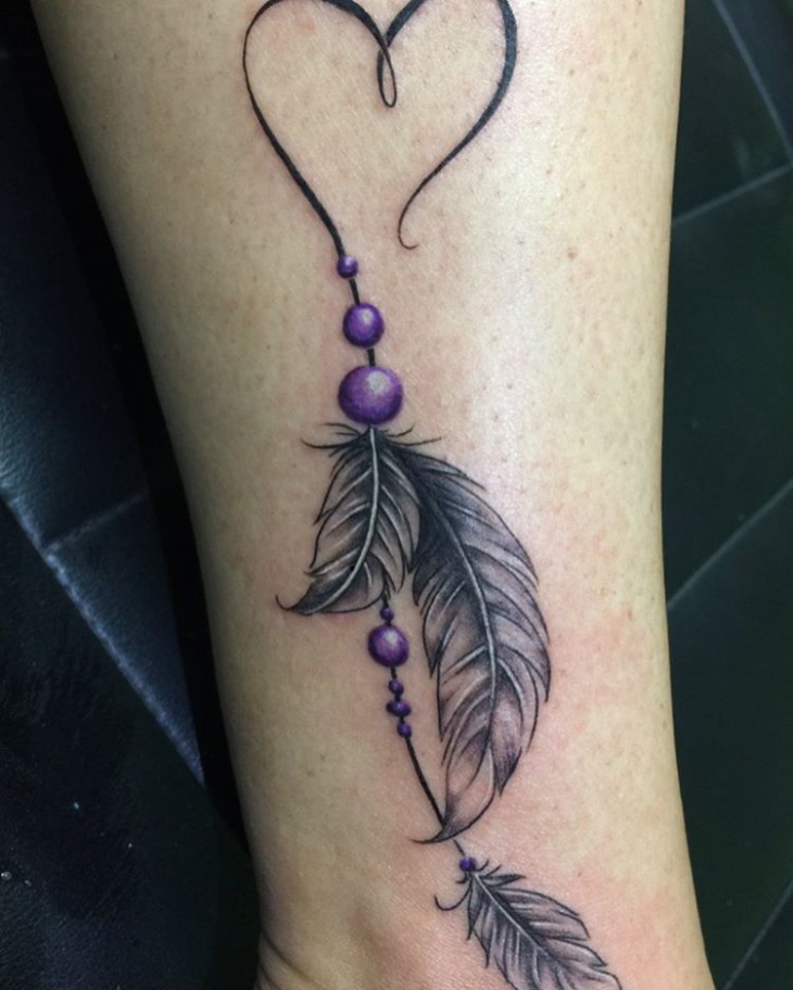 open heart floating feather tattoo