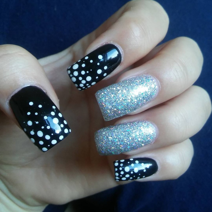 matte black and white polka dot nails