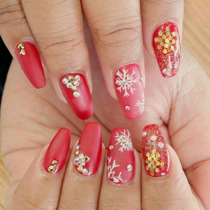 snowflake red matte nails