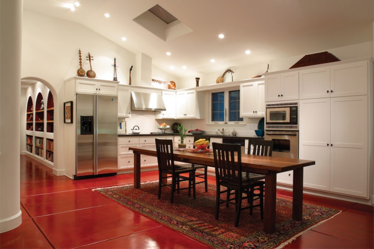 red floor kitchen dining room 