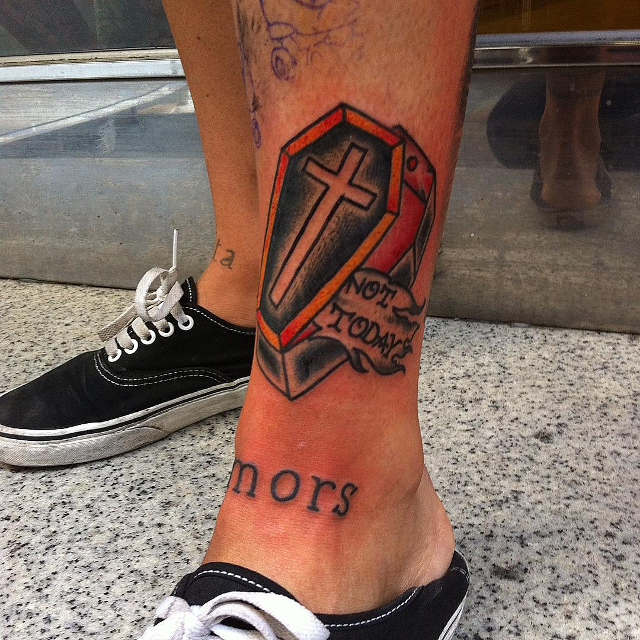 modern coffin tattoo for leg