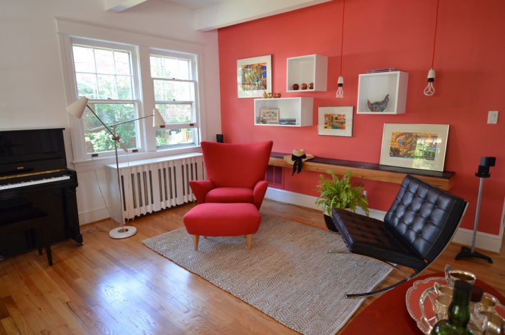red wall shelves living room