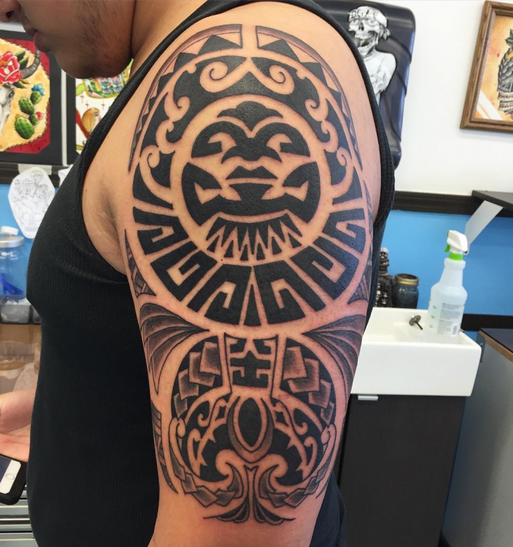 aztec tribal sleeve tattoo