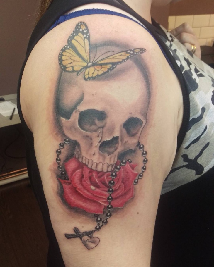 skull and rose butterfly tattoo