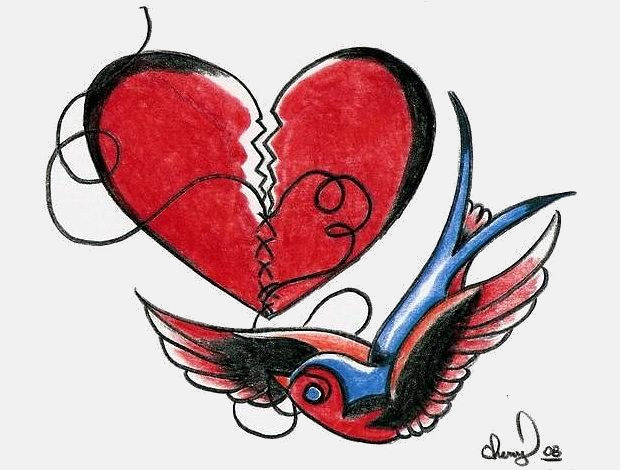 broken heart with bird drawing