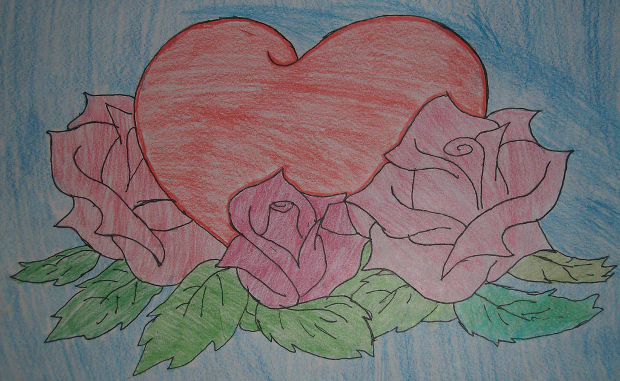 heart and rose colored pencil drawing