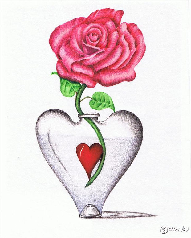 heart and rose vase drawing