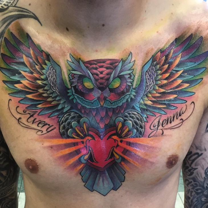 watercolor owl chest tattoo