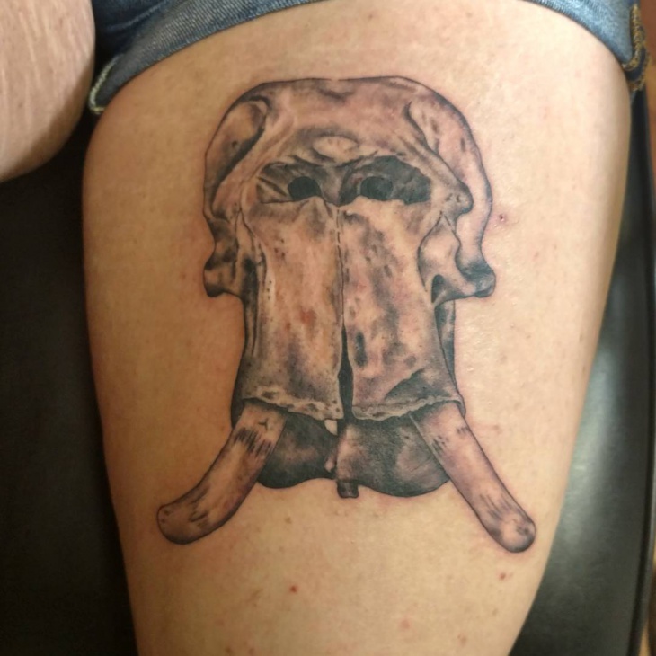 elephant skull thigh tattoo for men