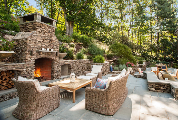 outdoor stacked stone fireplace