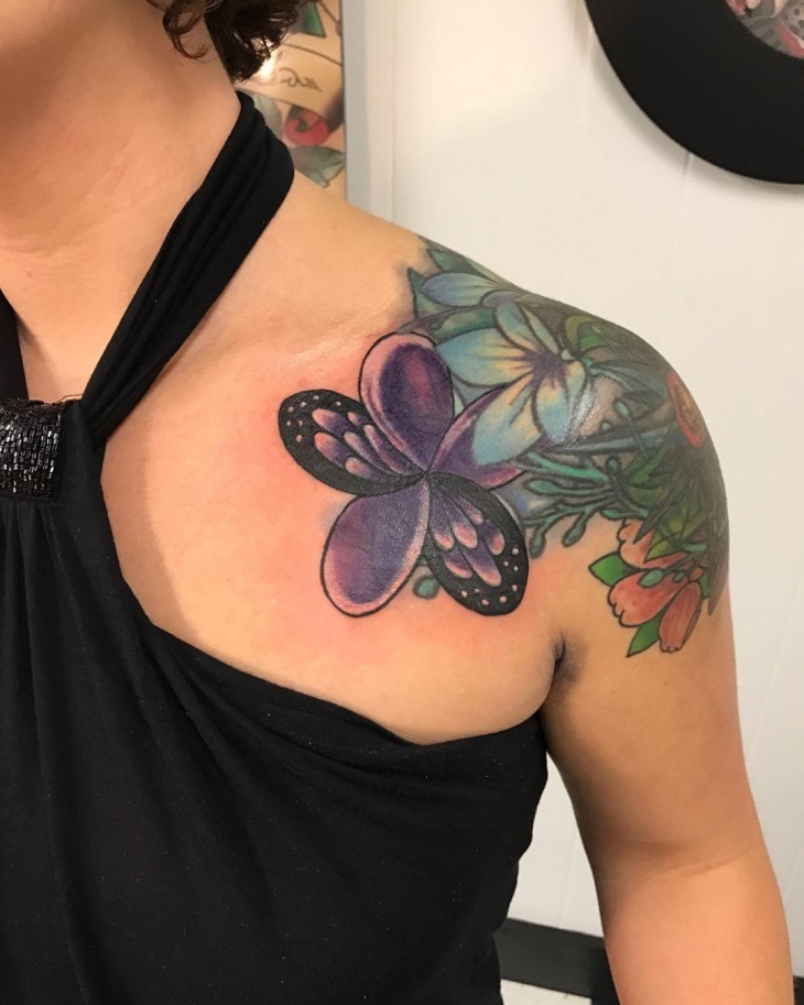 butterfly flower shoulder tattoo