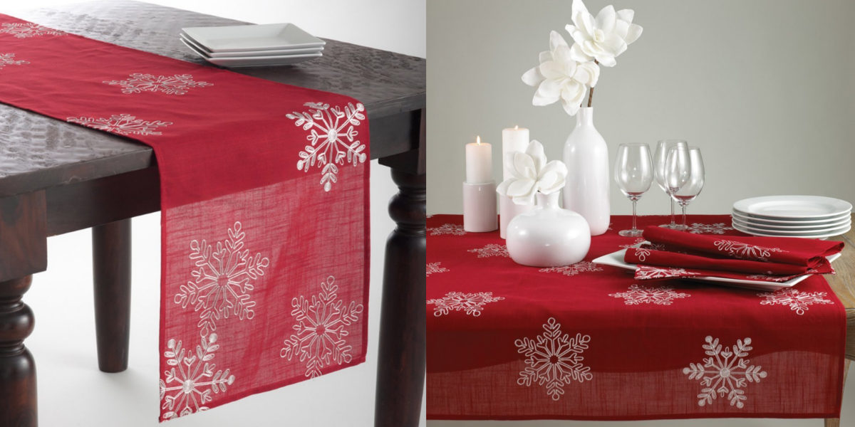 embroidered white snowflake holiday christmas red table runner
