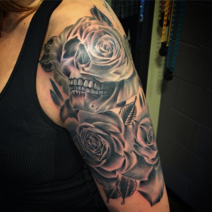 skull rose half sleeve tattoo