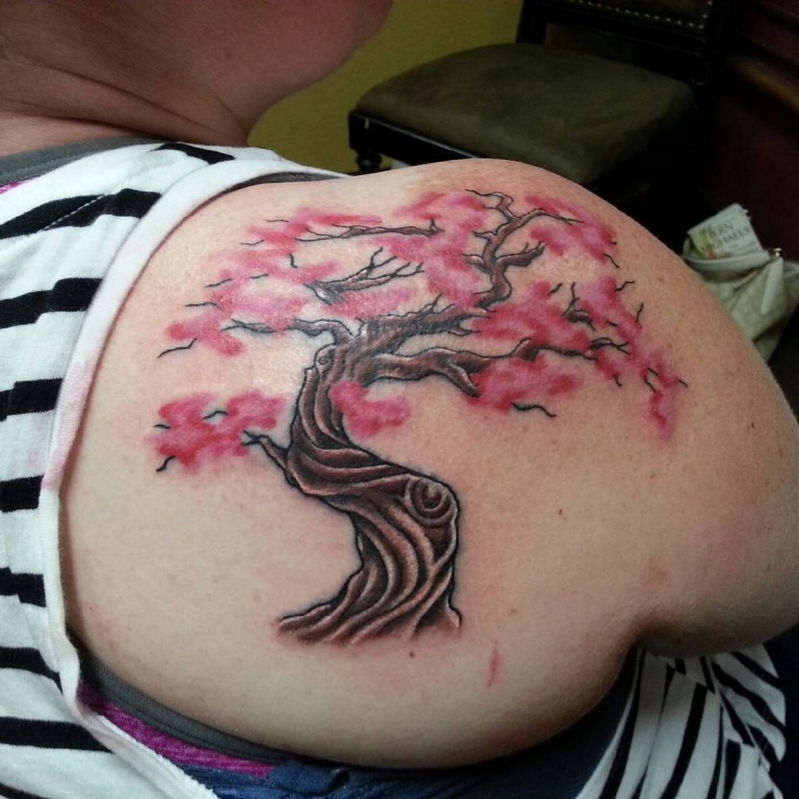 cherry blossom tree shoulder tattoo