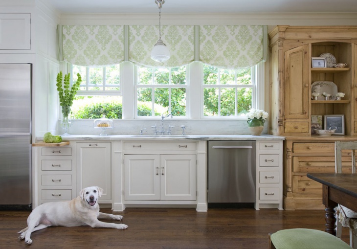 green patterned kitchen curtain