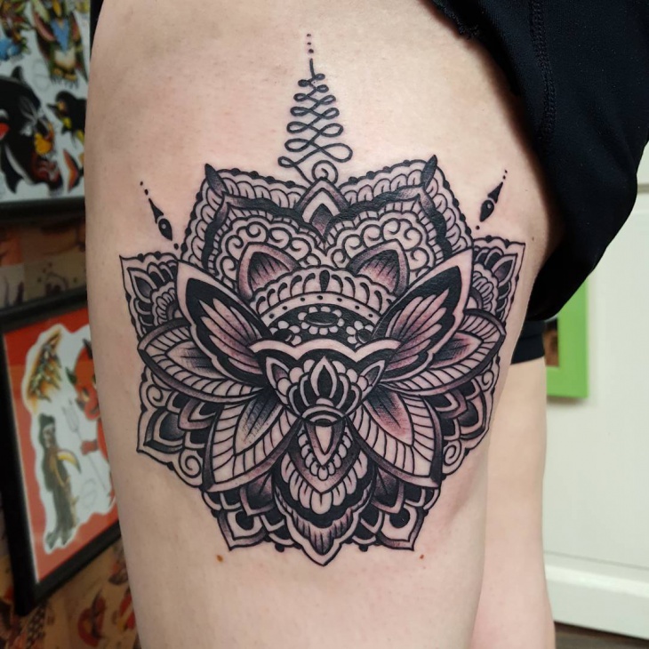 lotus flower side thigh tattoo