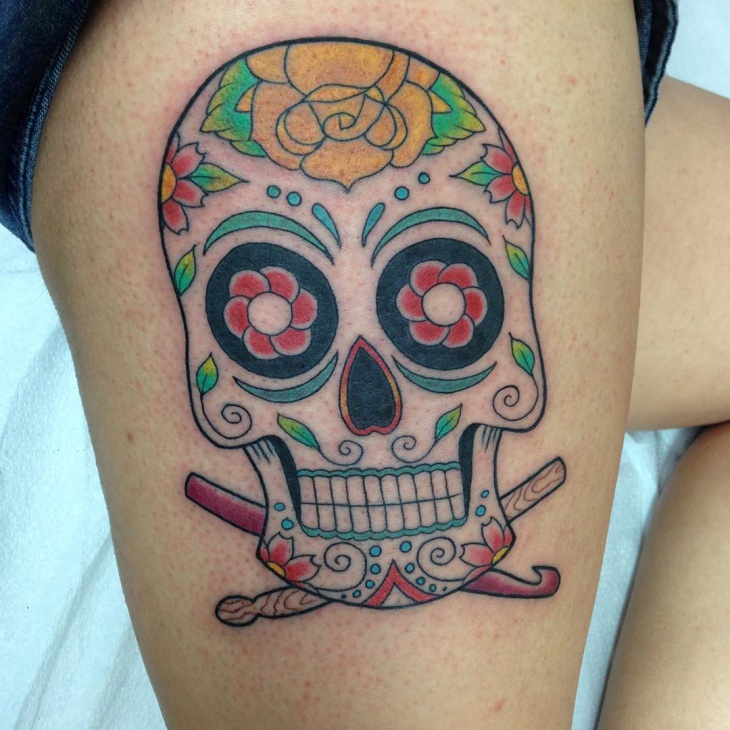 sugar skull thigh tattoo
