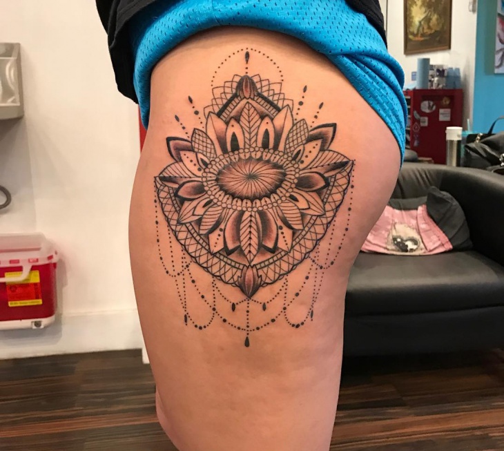 upper thigh lace tattoo