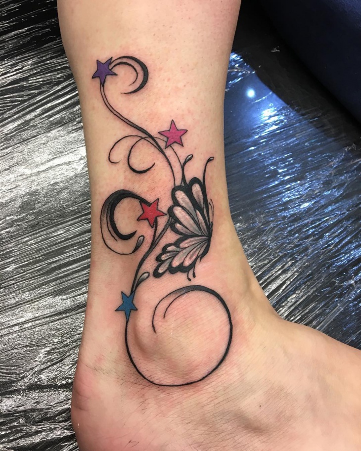 stars and swirls tattoo on ankle