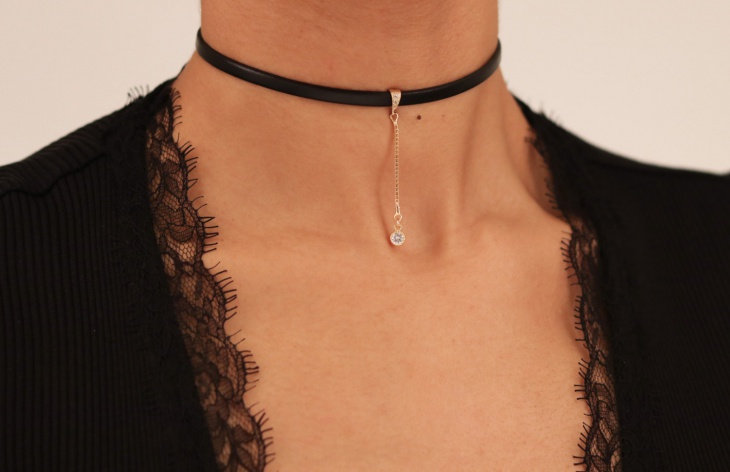 diamond drop leather choker necklace