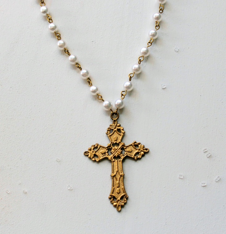 gold pearl cross necklace