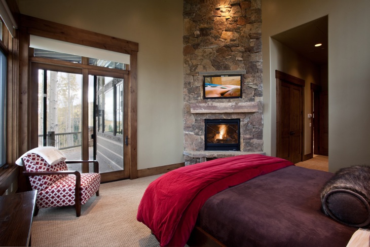 corner bedroom stone fireplace
