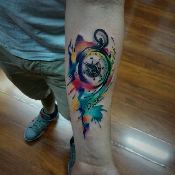 watercolor compass tattoo for men