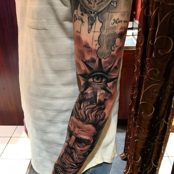 compass full sleeve tattoo